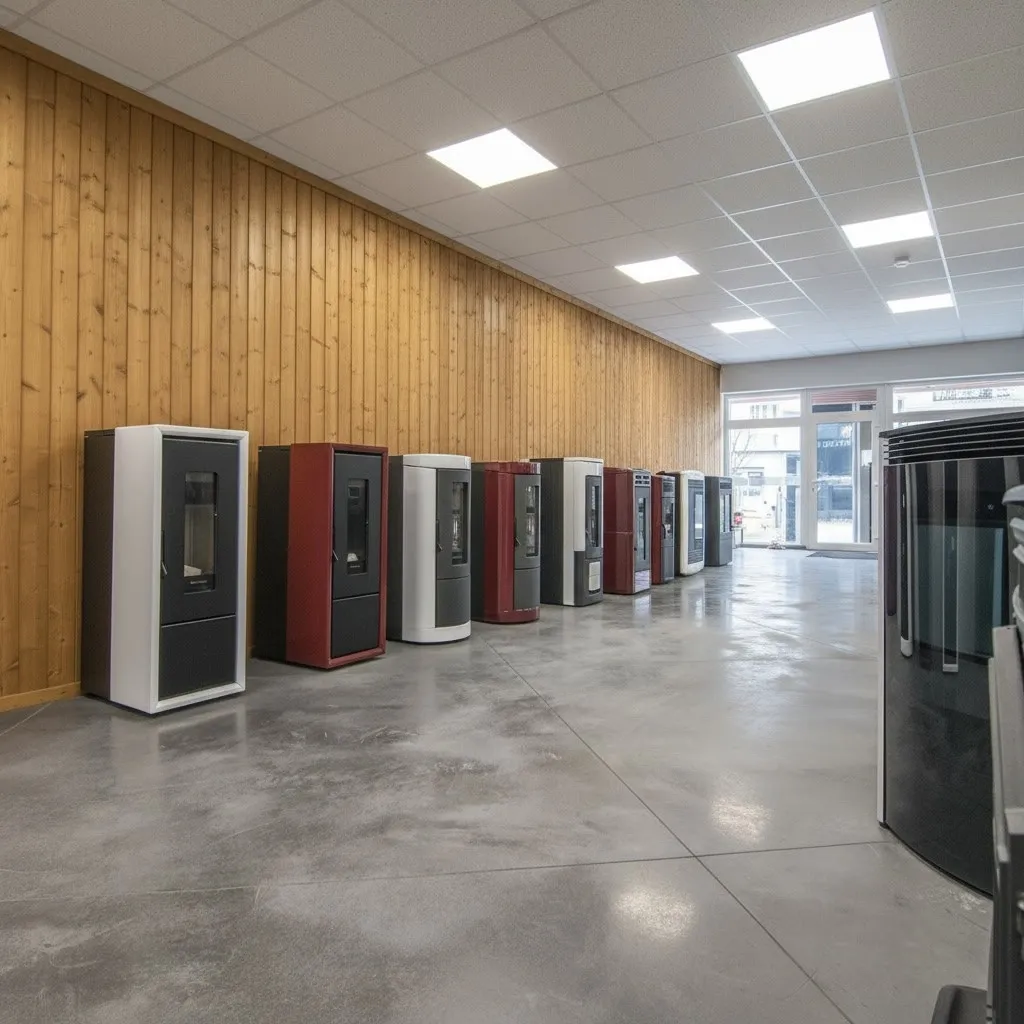 Showroom met moderne Extraflame en Thermorossi pelletkachels in verschillende afwerkingen